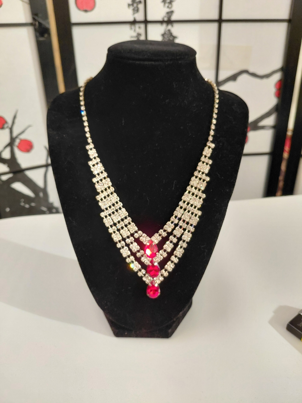 Three-Tier Necklace with Red Crystal Accents